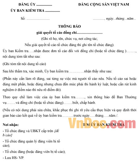 Mẫu thông báo giải quyết tố cáo