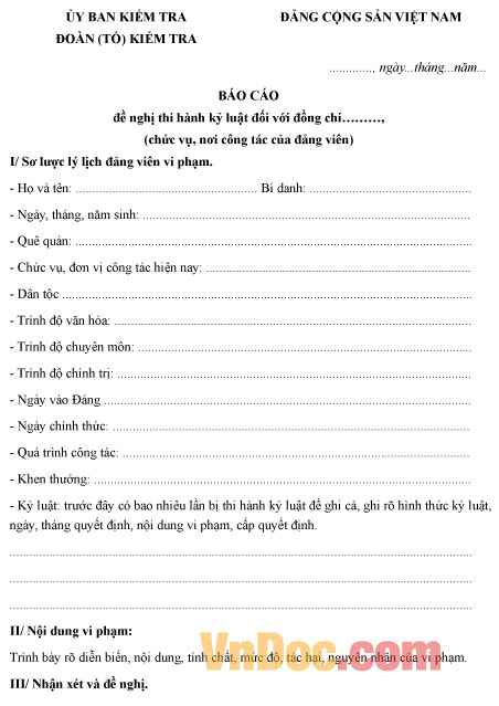 Mẫu báo cáo đề nghị thi hành kỷ luật Đảng viên