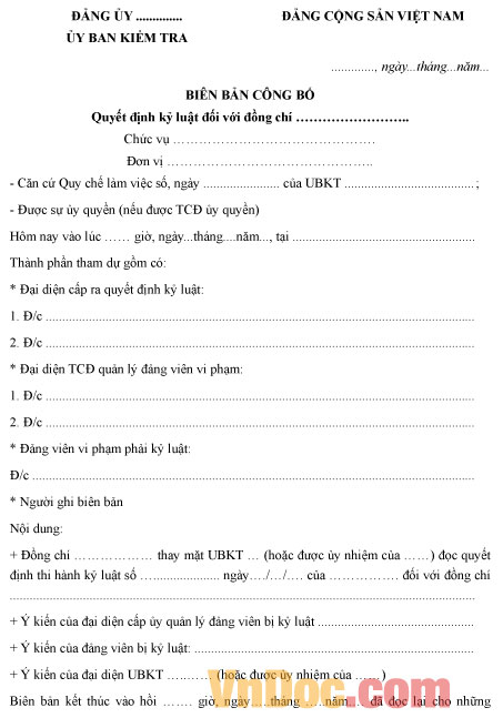 Mẫu biên bản công bố quyết định kỷ luật Đảng viên