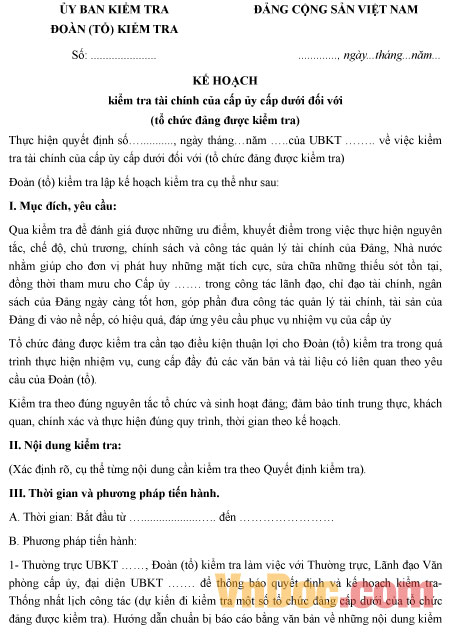 Mẫu kế hoạch kiểm tra tài chính của cấp ủy cấp dưới