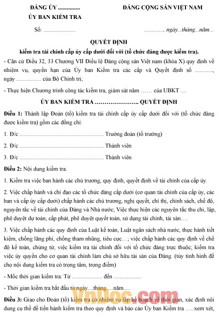 Mẫu quyết định kiểm tra tài chính cấp ủy cấp dưới