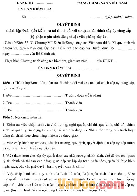 Mẫu quyết định thành lập Đoàn (tổ) kiểm tra tài chính