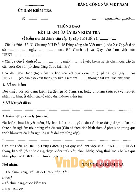 Mẫu thông báo kết luận kiểm tra tài chính của cấp ủy cấp dưới