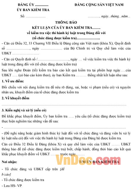Mẫu thông báo kết luận kiểm tra việc thi hành kỷ luật trong Đảng