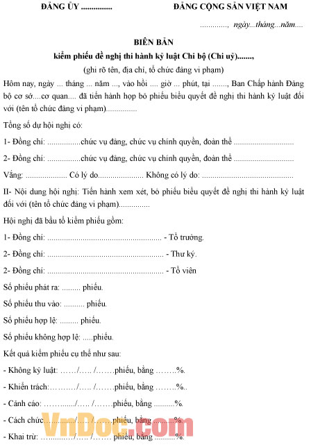 Mẫu biên bản kiểm phiếu đề nghị thi hành kỷ luật chi bộ