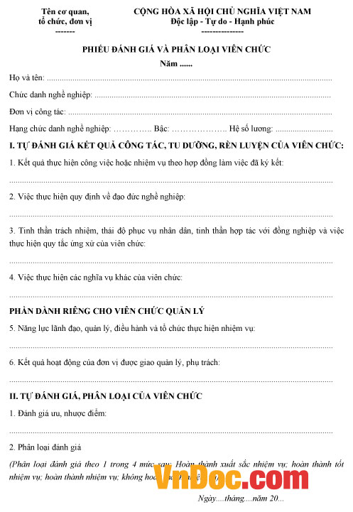 Mẫu phiếu đánh giá phân loại viên chức cán bộ quản lý