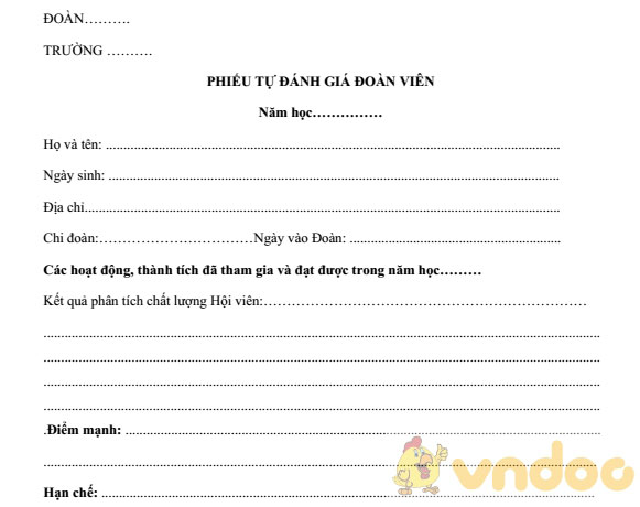 Mẫu phiếu đánh giá Đoàn viên