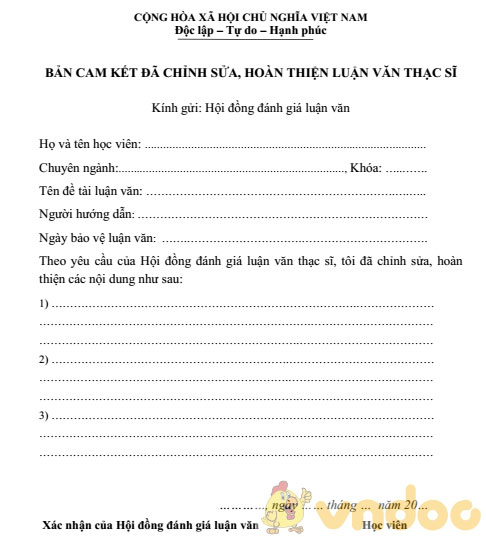 Bản cam kết chỉnh sửa luận văn Thạc sỹ