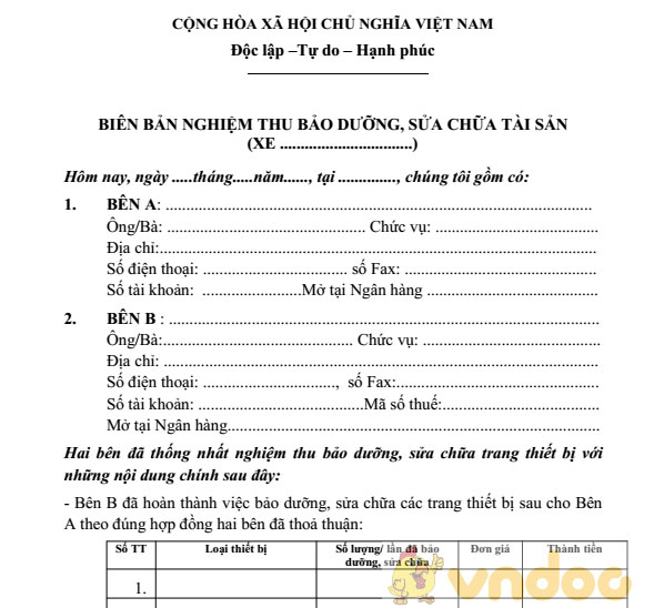 Mẫu biên bản nghiệm thu sửa chữa tài sản