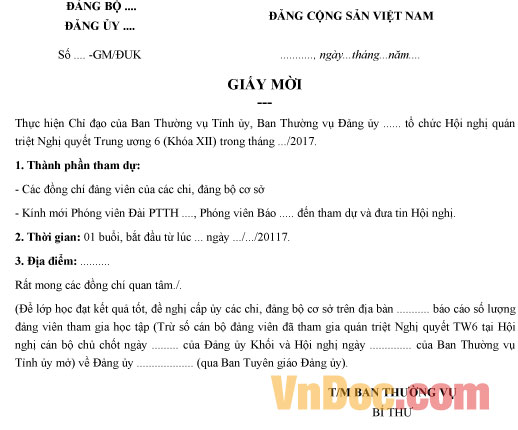 Mẫu giấy mời tham dự Hội nghị quán triệt Nghị quyết Trung ương 6 khóa XII