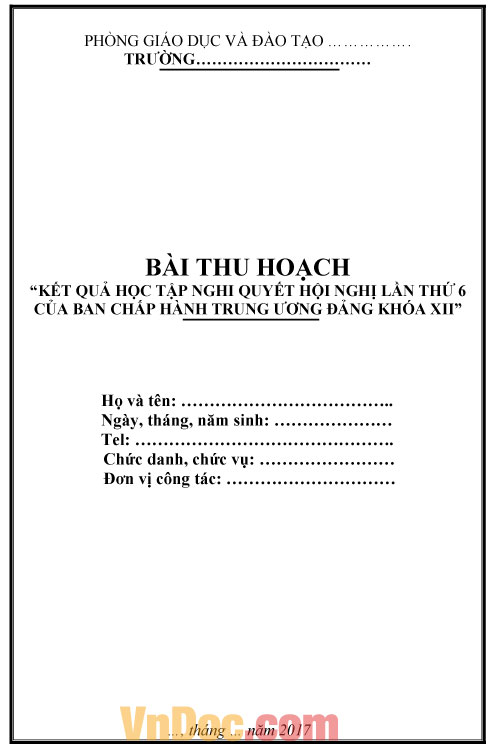 Mẫu bìa bài thu hoạch Nghị quyết trung ương 6 khóa XII