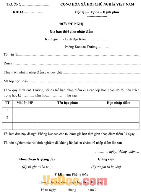 Mẫu đơn xin gia hạn thời gian nhập điểm