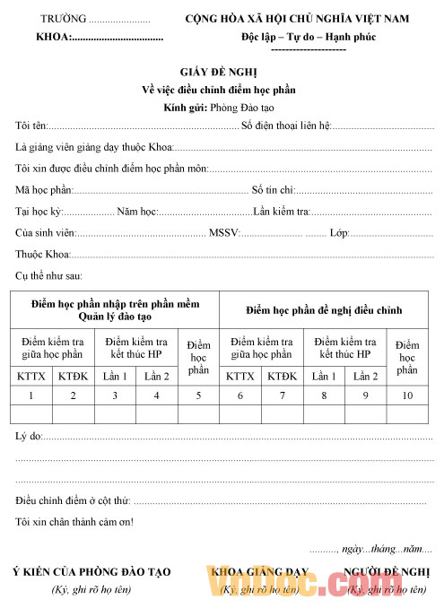 Mẫu giấy đề nghị về việc điều chỉnh điểm học phần