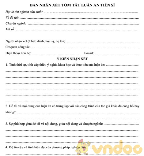 Phiếu nhận xét luận án tiến sĩ