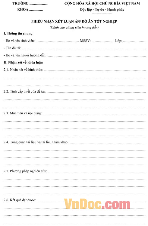 Phiếu nhận xét luận án tốt nghiệp