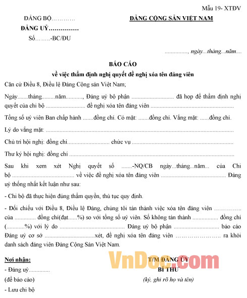 Mẫu báo cáo thẩm định nghị quyết đề nghị xóa tên Đảng viên