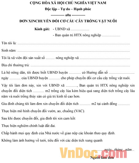 Đơn xin chuyển đổi cơ cấu cây trồng vật nuôi