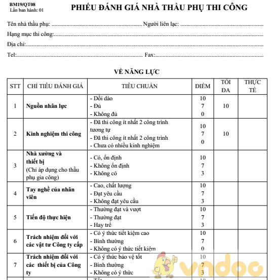 Phiếu đánh giá nhà thầu phụ