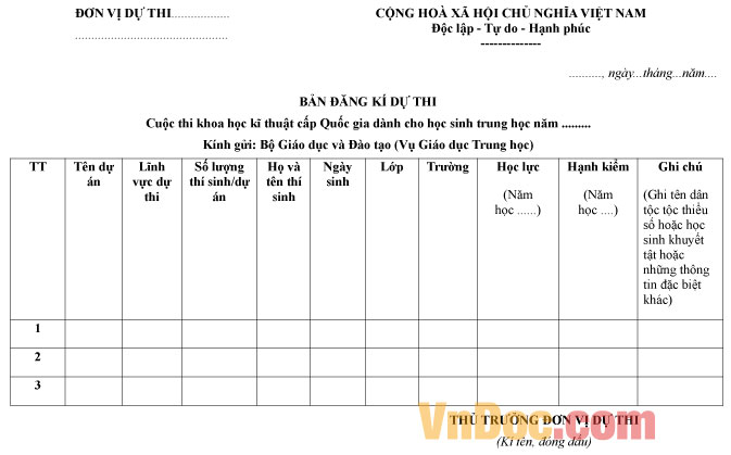 Mẫu bản đăng ký cuộc thi khoa học kĩ thuật