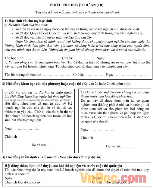 Mẫu phiếu phê duyệt dự án cuộc thi khoa học kĩ thuật 