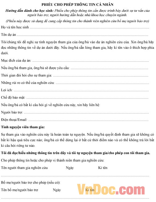 Mẫu phiếu cho phép thông tin cá nhân