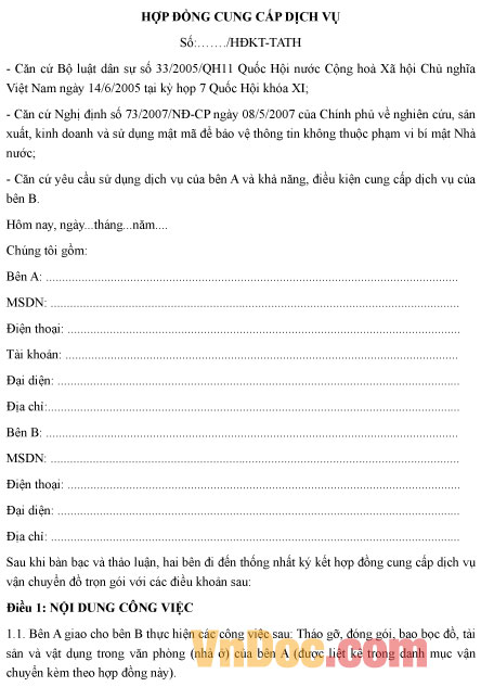 Mẫu hợp đồng dịch vụ chuyển nhà trọn gói