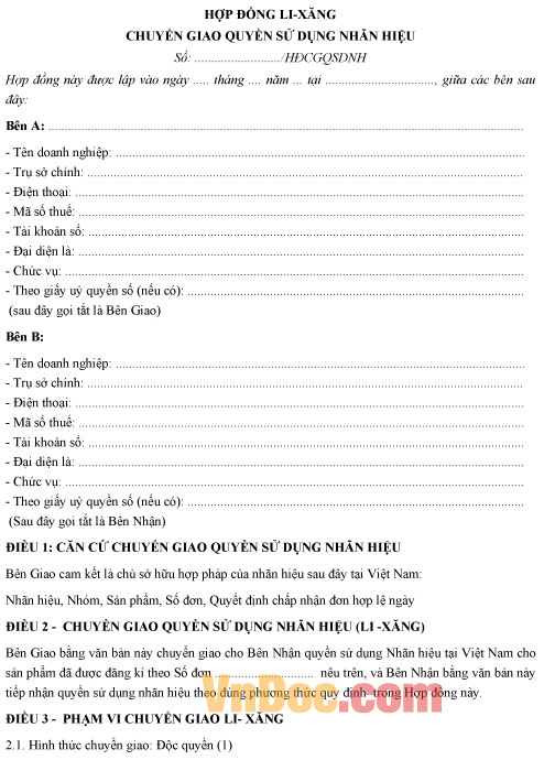 Mẫu hợp đồng chuyển giao quyền sử dụng nhãn hiệu