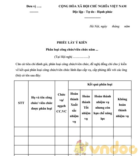 Mẫu phiếu lấy ý kiến phân loại công chức viên chức