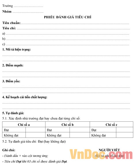 Phiếu đánh giá tiêu chí của trường mầm non