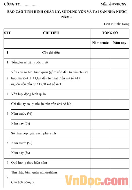 Mẫu số 05/BCXS: Báo cáo tình hình quản lý, sử dụng vốn và tài sản nhà nước