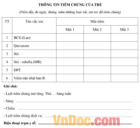 Mẫu bảng thông tin tiêm chủng của trẻ
