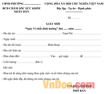 Mẫu giấy mời uống Vitamin cho trẻ