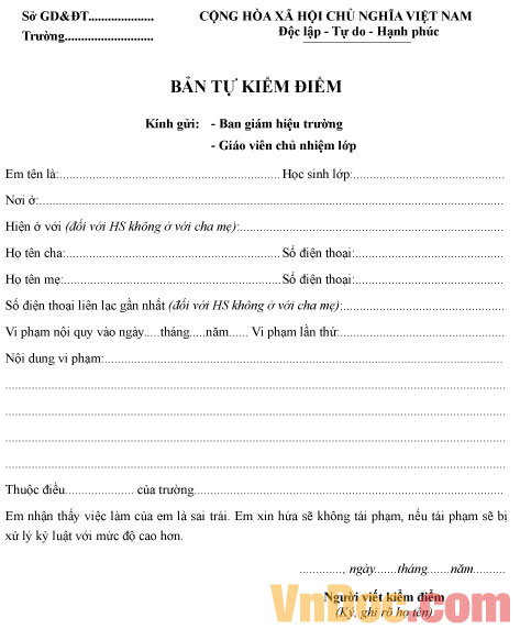 Mẫu bản kiểm điểm đi học muộn