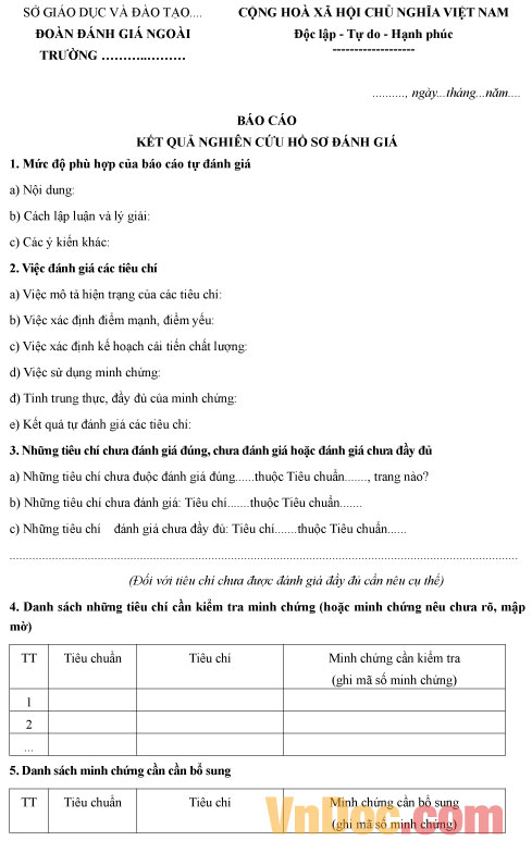 Mẫu báo cáo kết quả nghiên cứu hồ sơ đánh giá ngoài
