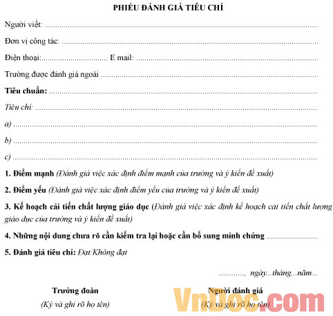 Phiếu đánh giá tiêu chí đánh giá ngoài