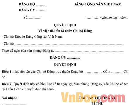 Mẫu quyết định về việc đổi tên tổ chức chi bộ Đảng