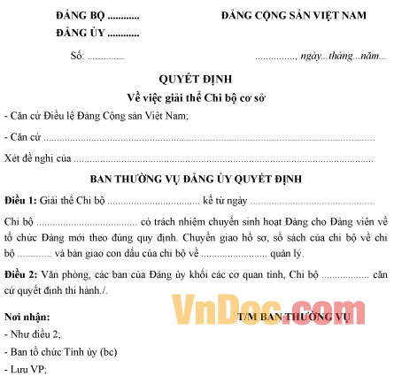 Mẫu quyết định giải thể chi bộ cơ sở