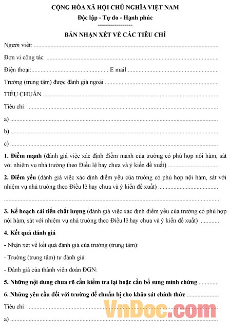 Mẫu bản nhận xét về các tiêu chí đánh giá ngoài