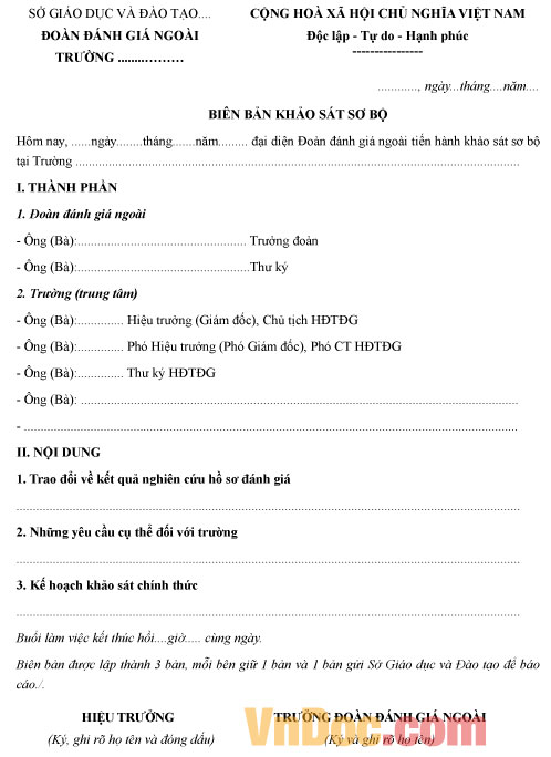 Mẫu biên bản khảo sát sơ bộ đánh giá ngoài