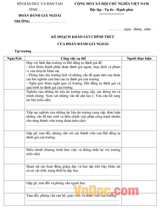 Mẫu kế hoạch khảo sát chính thức của đoàn đánh giá ngoài