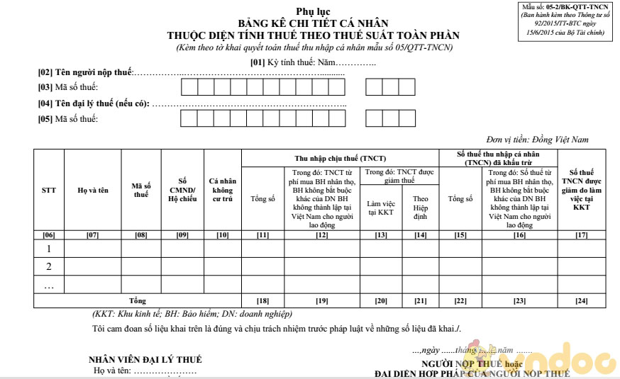Bảng kê chi tiết cá nhân thuộc diện tính thuế theo thuế suất từng phần
