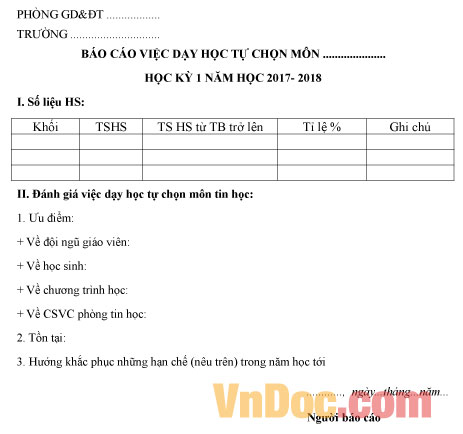 Mẫu báo cáo việc dạy học tự chọn