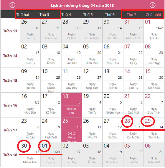 Lịch nghỉ 30-4 năm 2018