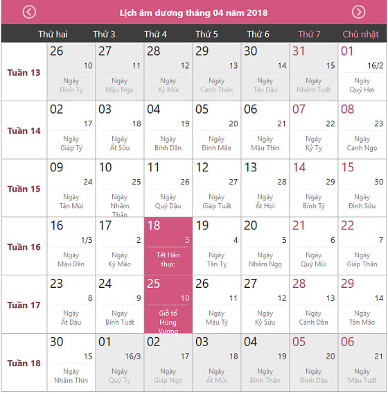 Lịch nghỉ giỗ tổ hùng vương 2018