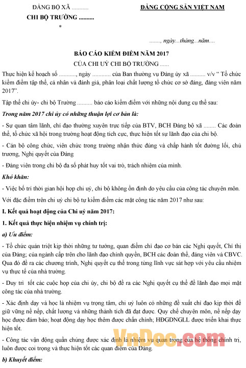 Mẫu báo cáo kiểm điểm của chi ủy chi bộ