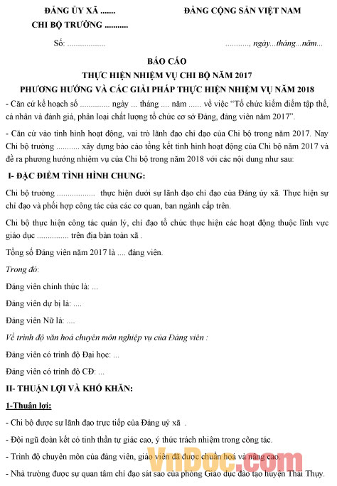 Mẫu báo cáo thực hiện nhiệm vụ chi bộ năm 2017 và phương hướng thực hiện nhiệm vụ năm 2018