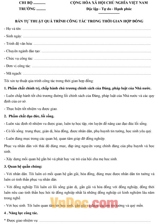Bản tự thuật quá trình công tác trong thời gian hợp đồng