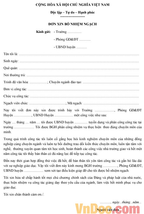 Mẫu đơn đề nghị được bổ nhiệm ngạch