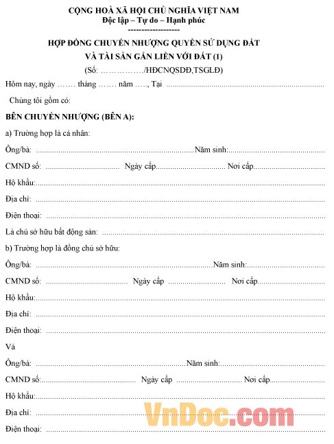 Mẫu hợp đồng chuyển nhượng quyền sử dụng đất và tài sản gắn liền với đất