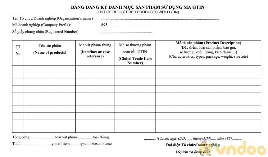 Phiếu đăng ký danh mục sản phẩm sử dụng mã GTIN